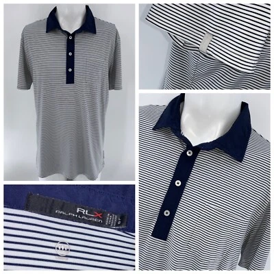 Camisa polo de golf RLX Ralph Lauren para hombre L blanca azul a rayas poli YGI N4-123 Foto 1 de 4