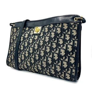 Christian Dior Trotter Canvas Leather Shoulder Bag Navy Gold Vintage Authentic - Picture 1 of 22