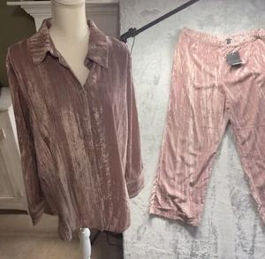 Marc New York XL Pant Set Crushed Velvet Wide Leg Button Front Shirt Pink New - Picture 1 of 13