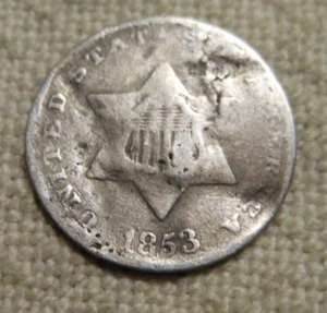 TINY 1853 SILVER THREE CENT PIECE - Picture 1 of 2
