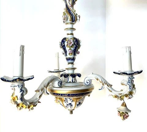 Italian Capodimonte marked porcelain 3 arms chandelier floral decor 1950 Cover