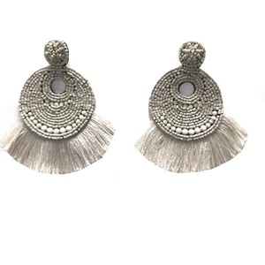 earrings beaded fringe With Silk Treads Color Ivory - Picture 1 of 4
