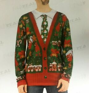 Men's LARGE Ugly Xmas Sweater Faux Noel Biker Hairy Belly Wiener Cardigan Santa