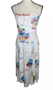 Gap Women’s Square Neck Spaghetti Straps A-Line Dress White Map Print Size Large - Picture 1 of 5