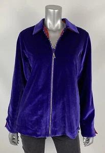 The Quacker Factory Jacket M Velour Purple Collared Neck Incrusted Zipper Lined - Picture 1 of 8