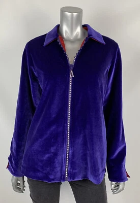 The Quacker Factory Jacket M Velour Purple Collared Neck Incrusted Zipper Lined - Image 1 of 4