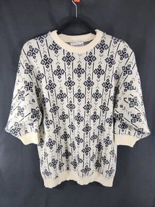 Vintage 80s Sweater Women's L Relaxed Chunky Knit White Black 3/4 Sleeve - Picture 1 of 6
