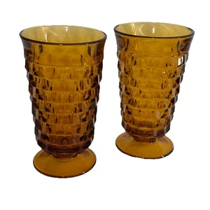 Set of 2 Vintage Indiana Whitehall Colony Cubist Amber 6" Tea Footed Glasses - Picture 1 of 4