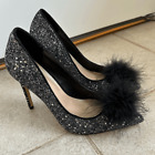 Mix No. 6 Black Silver Glitter Taraclia Heels Pointed Toe Feather Size 7.5 Pumps