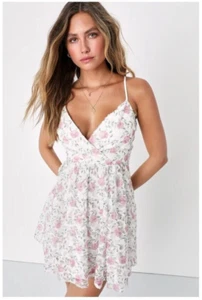 Lulus Flowery Flirtation White Floral Print Tulle Lace-Up Mini Dress NWT Large - Picture 1 of 4