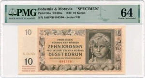 Boemia e Moravia * 10 corone 1942 * P8bs * PMG UNC 64 * NEPLATNE * S.06Nb - Foto 1 di 2