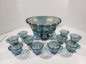 Juego de tazones perforadores de vidrio de carnaval azul iridiscente vintage de vidrio Indiana con 12 tazas - Imagen 1 de 14