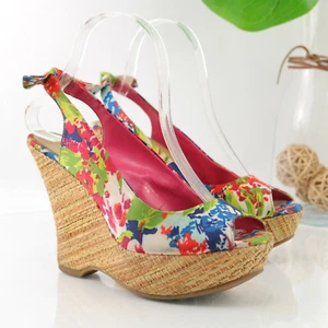 ANDREA Womens Sandal Size 7 Floral Pink Blue Slingback Platform Wedge Peep Toe - Picture 1 of 12