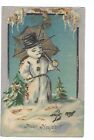 Prosit Neujahr Happy New Years Postcard, Smoking Snowman With Umbrella, Glitter