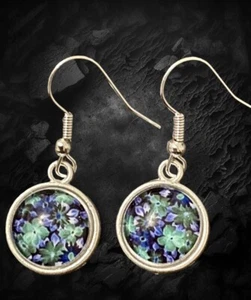 Blue Green Flowers Nature Glass 12mm Cabochons Round Handmade Earrings - Picture 1 of 2