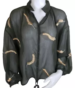 Miss Me Sheer Blouse Womens M Olive Green Gold Embroidered Feather 3/4 Sleeve - Picture 1 of 12