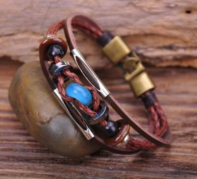 G60 Bronce Nuevo Playa Cuero Madera Cuentas Brazalete Brazalete Hombre Piedra Azul Foto 1 de 4