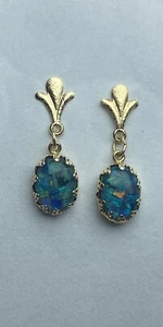 14k Gelbgold Mosiac Feueropal Doppel Edelstein Hängel/Tropfen Ohrringe - Bild 1 von 2