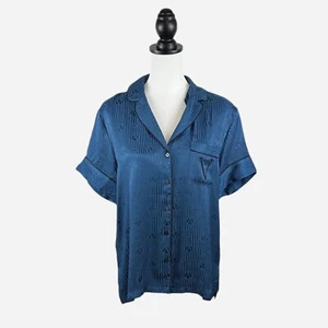 Victoria’s Secret Pajama Top Size S Blue Black Trim Viscose Blend S/S Logo NEW - Picture 1 of 11