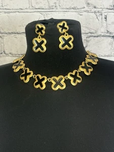 Vtg 90"s ERWIN PEARL CHUNKY MATTE GOLD & BLACK EMNAMEL NECKLACE EARRING SET RARE - Picture 1 of 7