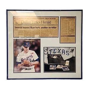Nolan Ryan beschriftet - signiertes Foto & No-Hitter Zeitungscollage Texas Rangers - Bild 1 von 5