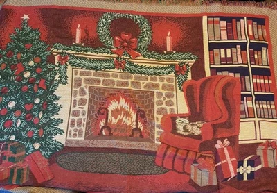 Vintage Tapestry Throw Blanket  Christmas Fireplace 64x42" Holidays - Image 1 of 4