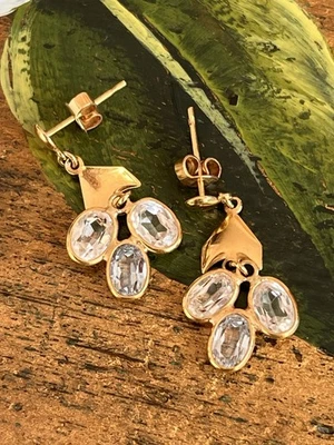 Orecchini pendenti oro giallo 18K 3,76g con pietre ovali trasparenti vintage - Immagine 1 di 4