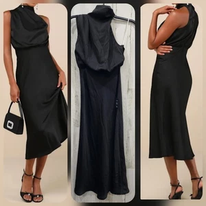 Abito midi asimmetrico raso nero LULUS Distinctive Charm taglia SMALL**NUOVO** - Foto 1 di 13