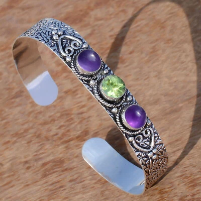 Amethyst & Peridot Cut Gemstone Cuff 925 Sterling Silver Bracelet For Everyone - Image 1 of 4