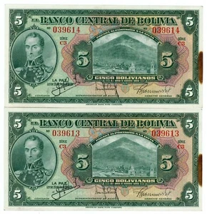 Bolivia... P-120... 5 bolivianos... L.1928... (~)*XF* Serie C3. Par consecutivo. - Imagen 1 de 2