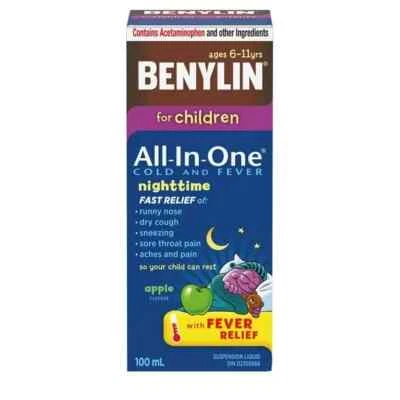 Benylin Medicina Infantil, Todo en Uno Resfriado y Fiebre, Líquido Nocturno, Manzana, 100 ml Foto 1 de 4
