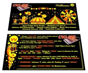 Williams Cyclone Pinball Custom Apron Instruction Cards - Picture 1 of 4