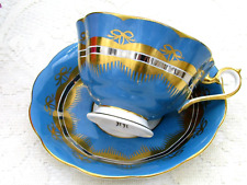 ROYAL ALBERT RARE GOLD GILT BOWS SILVER BAND BLUE AVON SHAPE TEA CUP AND SAUCER
