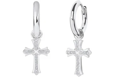 Men & Women 18K White Gold Plated CZ Cross Leverback Huggie Hoop Drop Earrings - Image 1 of 4