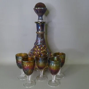 Imperial Glass Grapes Decanter Stopper Goblets Iridescent Purple Carnival Glass - Picture 1 of 7