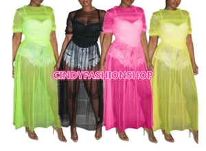 NUEVO Maxi Vestido de Gasa de Playa Acampanado Manga Corta Cuello en O Malla Ver Aunque para Mujer - Imagen 1 de 15