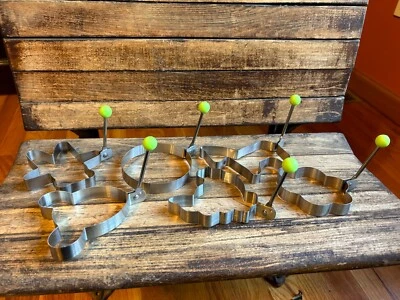 6 metal pancake mold egg shapers green knob foldable handles flower circle etc - Image 1 of 4