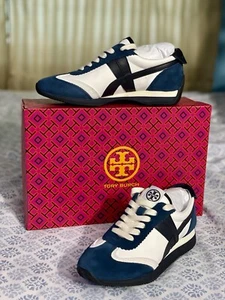 Tory Burch Hank Sneakers Nylon/Suede Snow White/ Bright Navy Size 5 - Picture 1 of 6