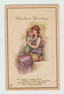 Vintage Early  Christmas Postcard Young Mother & Daughter - Picture 1 of 1