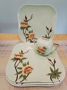 Vintage Set Of 4 Weir Ware Yellow Rose Celadon Green 10" Plates & Sugar Bowl EUC - Picture 1 of 18