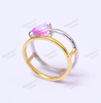Trillion Pink Sapphire 925 Sterling Silver Double Tone Certified Engagement Ring - Image 1 of 4