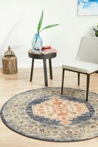 LEGACY 855 Ecru Round Rug Blue Circle Floor Mat Carpet - Picture 1 of 8