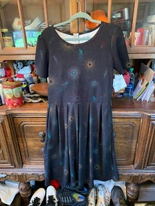 Lularoe Nicole Dress Black Teal Sunburst Kaleidoscope Fireworks Size Large NWT - Picture 1 of 8