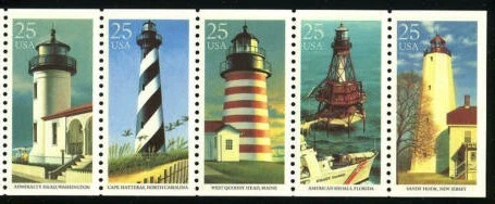 1990 Lighthouses Booklet Pane Of 5 25c Postage Stamps, Sc# 2470-2474, MNH, OG - Image 1 of 1