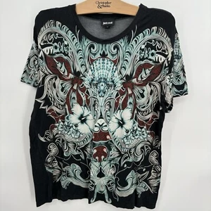 Just Cavalli Men's Crew Neck T-shirt Tattoo Floral Bling Printed Black Large - Picture 1 of 11