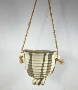 Studio Pottery Hanging Wall Pocket Planter Hemp Neutral Tan Green Handmade 6.5” - Picture 1 of 12