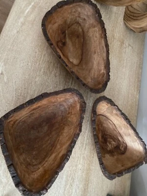 trio of bark edged triangular solid wood bowls creative co-op India - Image 1 of 4