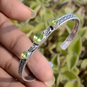 Green Peridot Gemstone Jewelry Bracelet 925 Sterling Silver Cuff Unique Bangle - Picture 1 of 8
