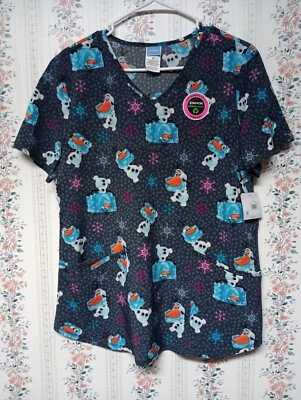 Disney Frozen Scrub Top Womens Medium Gray Olaf Funny Ice Print V Neck Pediatric - Image 1 of 4