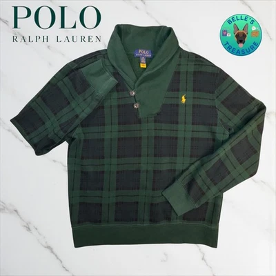 Ralph Lauren PRL Kids Large Tartan Green Plaid Shawl Collar Pullover Sweater - Image 1 of 4